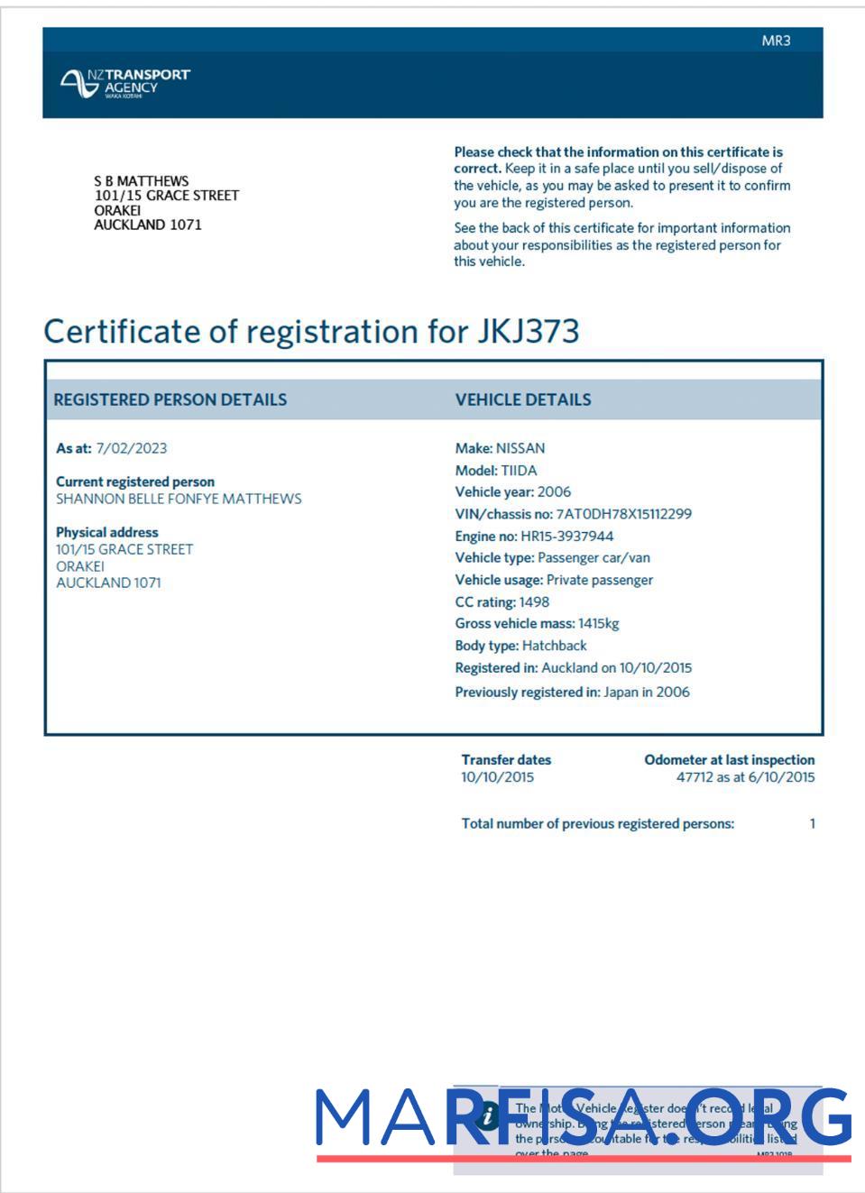 Realistic New Zealand vehicle registration certificate real example